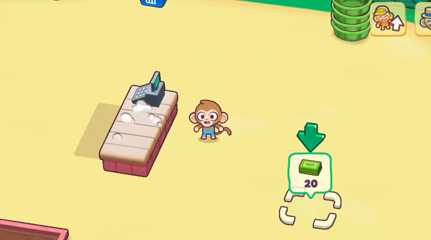 Monkey Mart game supermarket shelves and customers